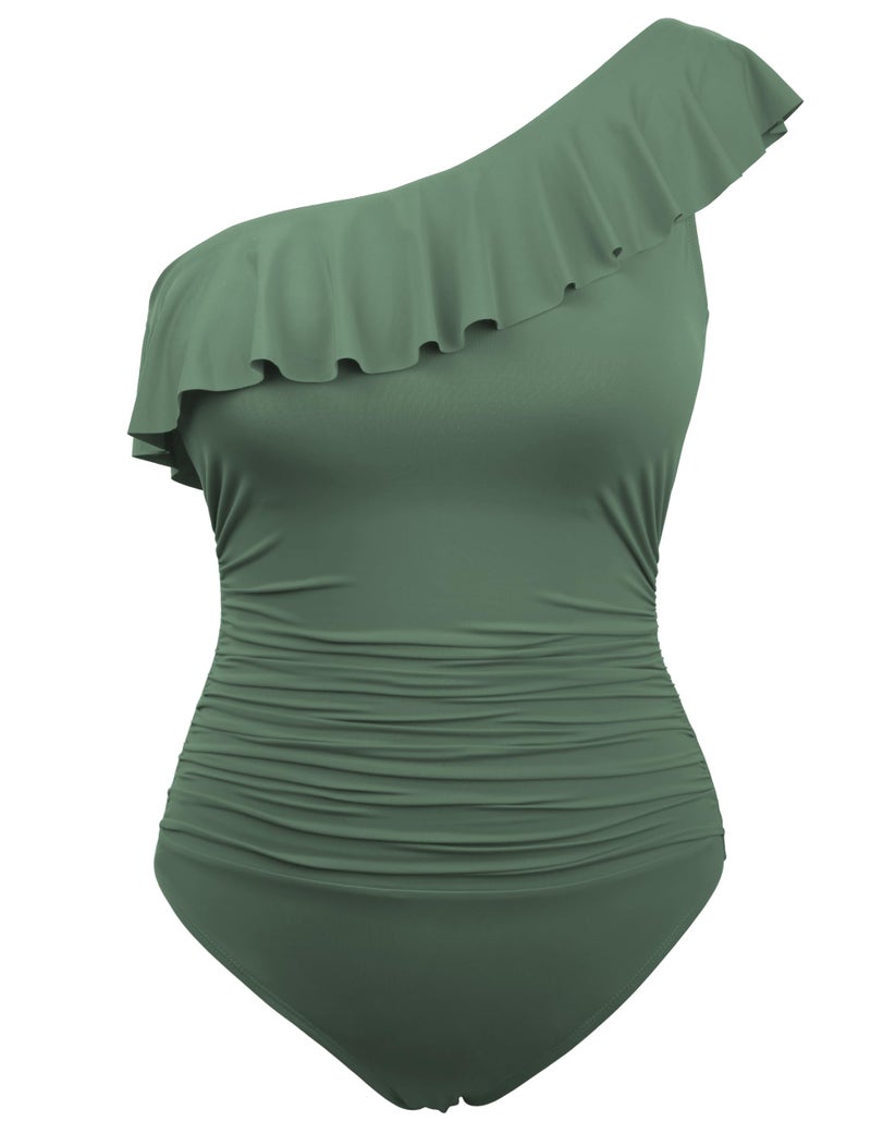 Hilor Women's One Shoulder Swimsuits Slimming Swimwear Asymmetric Ruffle One Piece Bathing Suits Army Green 8 - Image 1